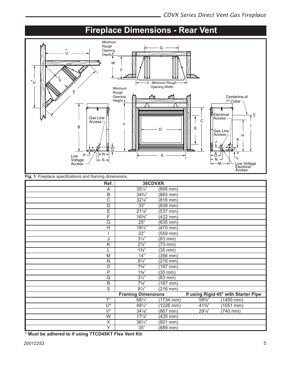 Fireplace dimensions - rear vent, Cdvx series direct vent gas fireplace | Majestic Appliances Builder Direct Vent 36CDVXTRN User Manual | Page 5 / 44