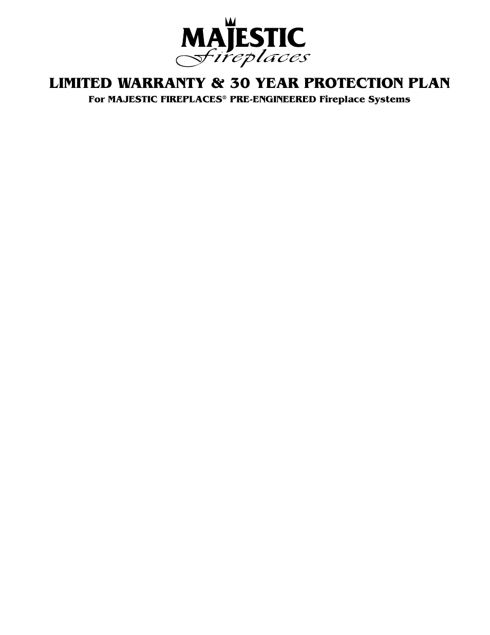 Limited warranty & 30 year protection plan, Uvsrc series firebox, For majestic fireplaces | Pre-engineered fireplace systems | Majestic Appliances UVSRC42 User Manual | Page 13 / 14