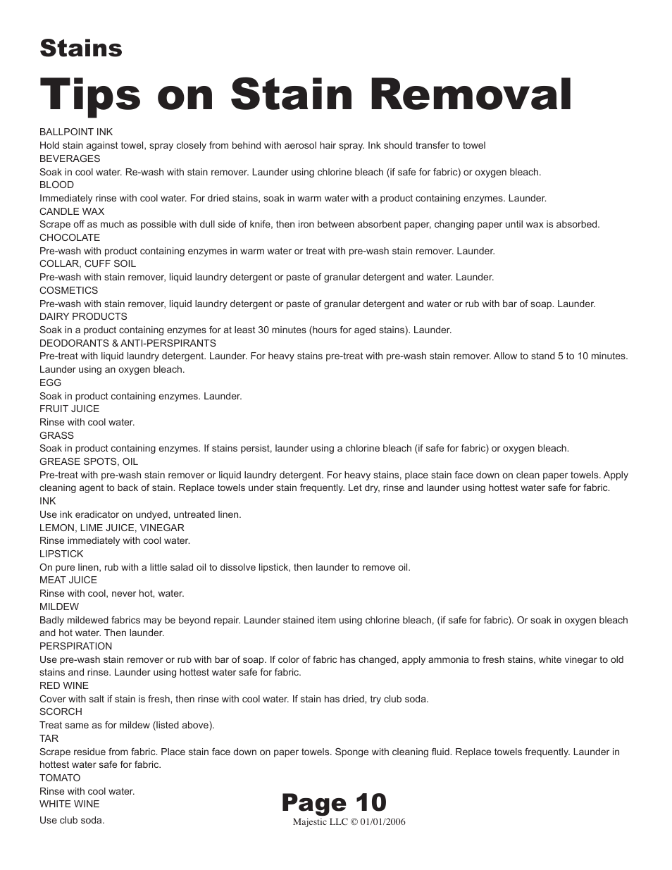 Tips on stain removal, Page 10 stains | Majestic Appliances MJ-9200D User Manual | Page 10 / 15