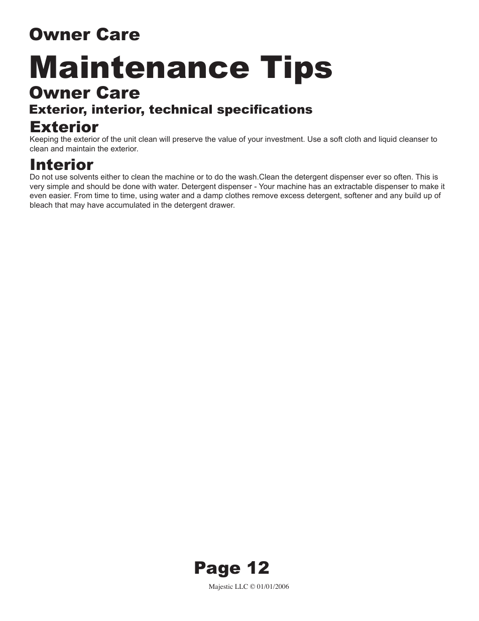 Maintenance tips, Page 12 owner care, Owner care | Exterior, Interior | Majestic Appliances MJ-9200D User Manual | Page 12 / 15