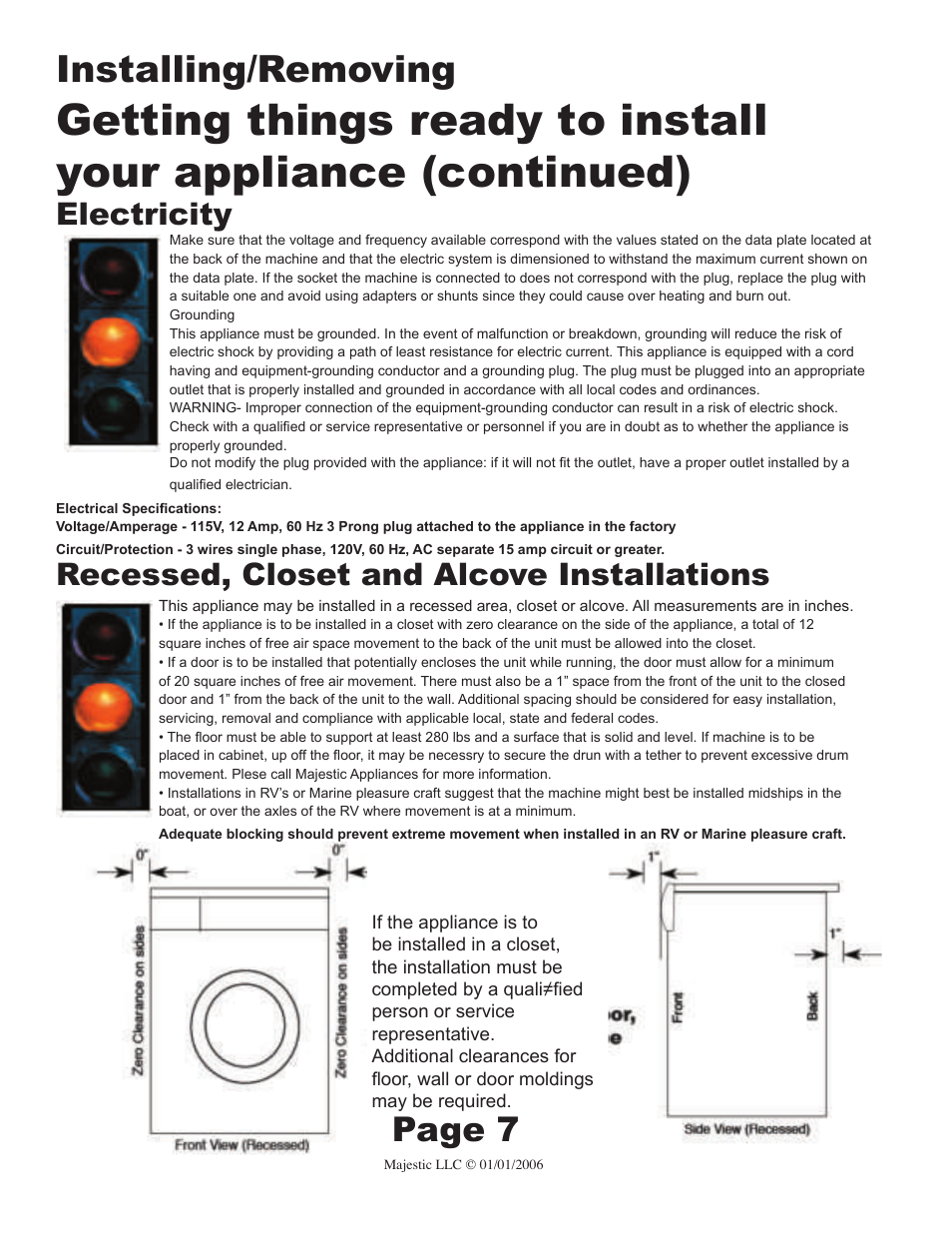 Installing/removing, Page 7, Electricity | Recessed, closet and alcove installations | Majestic Appliances MJ-9200D User Manual | Page 7 / 15