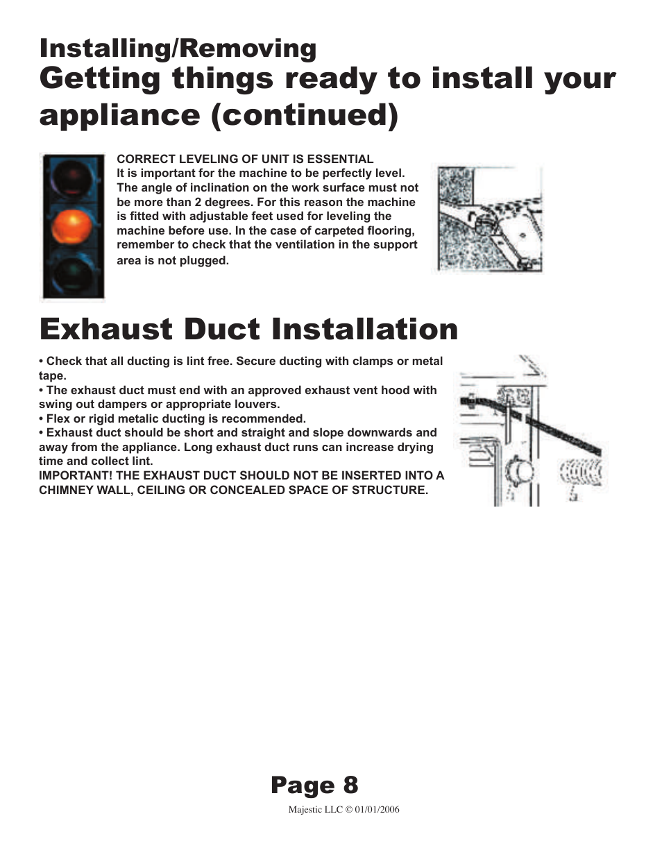 Exhaust duct installation, Installing/removing, Page 8 | Majestic Appliances MJ-9200D User Manual | Page 8 / 15