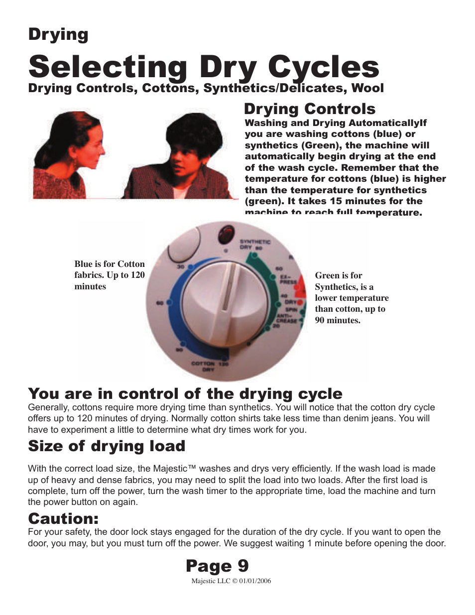 Selecting dry cycles, Drying, Page 9 | Drying controls, You are in control of the drying cycle, Size of drying load, Caution | Majestic Appliances MJ-9200D User Manual | Page 9 / 15