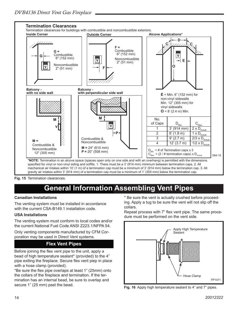 General information assembling vent pipes, Dvb4136 direct vent gas fireplace, Fp1471 flex vent | Flex vent pipes, Termination clearances | Majestic Appliances DVB4136 User Manual | Page 14 / 52