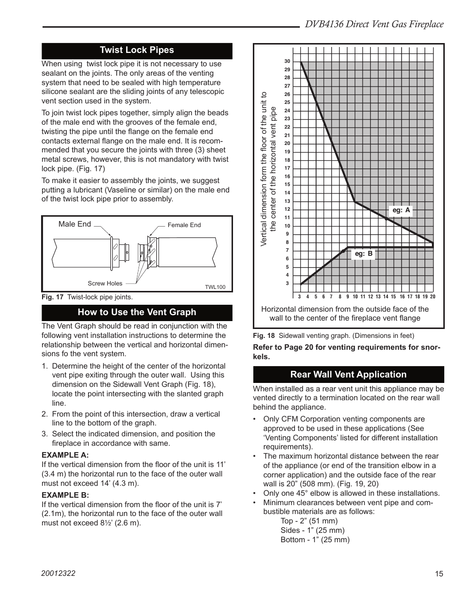 Dvb4136 direct vent gas fireplace, Twist lock pipes, How to use the vent graph | Rear wall vent application | Majestic Appliances DVB4136 User Manual | Page 15 / 52