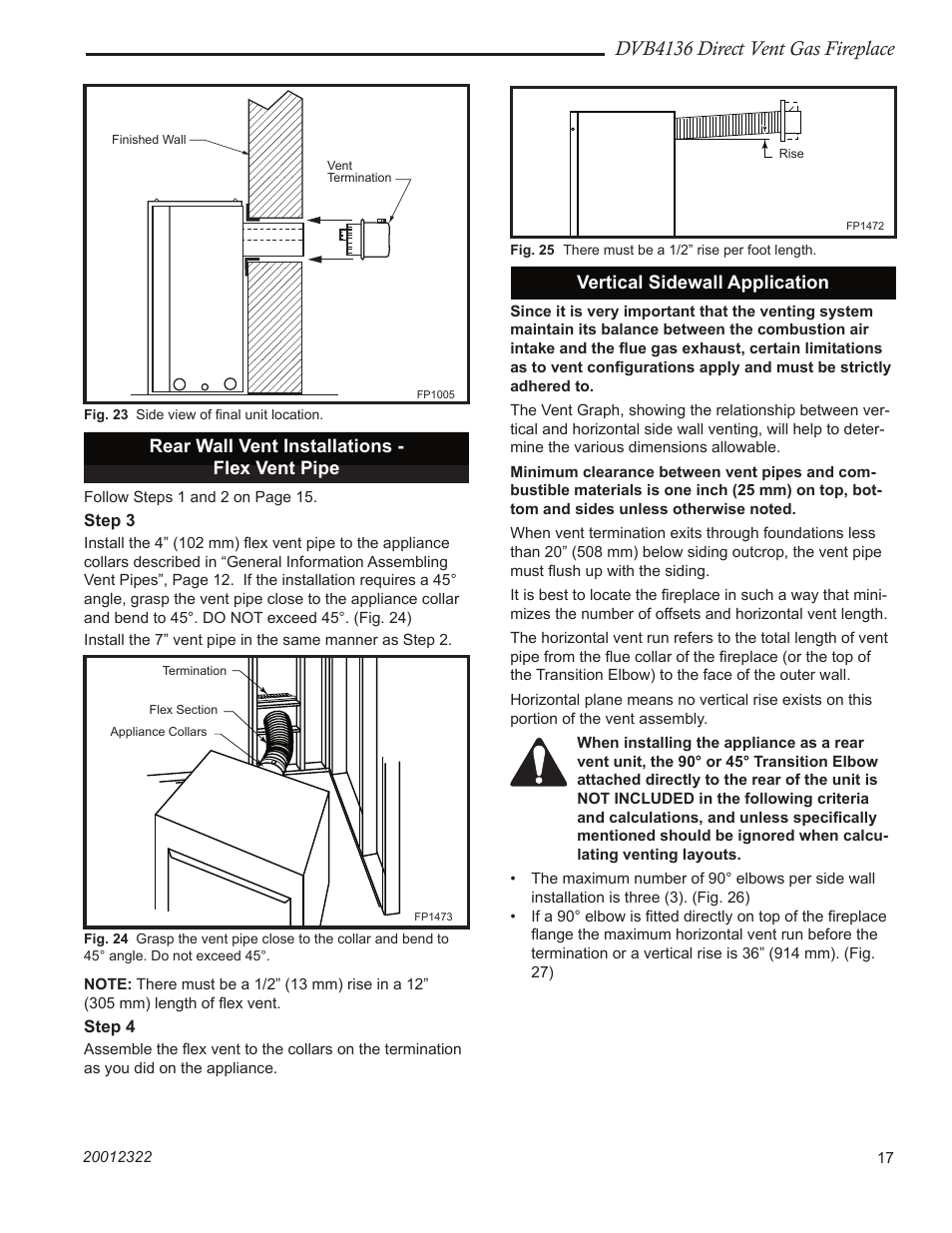 Dvb4136 direct vent gas fireplace, Rear wall vent installations - flex vent pipe, Vertical sidewall application | Majestic Appliances DVB4136 User Manual | Page 17 / 52