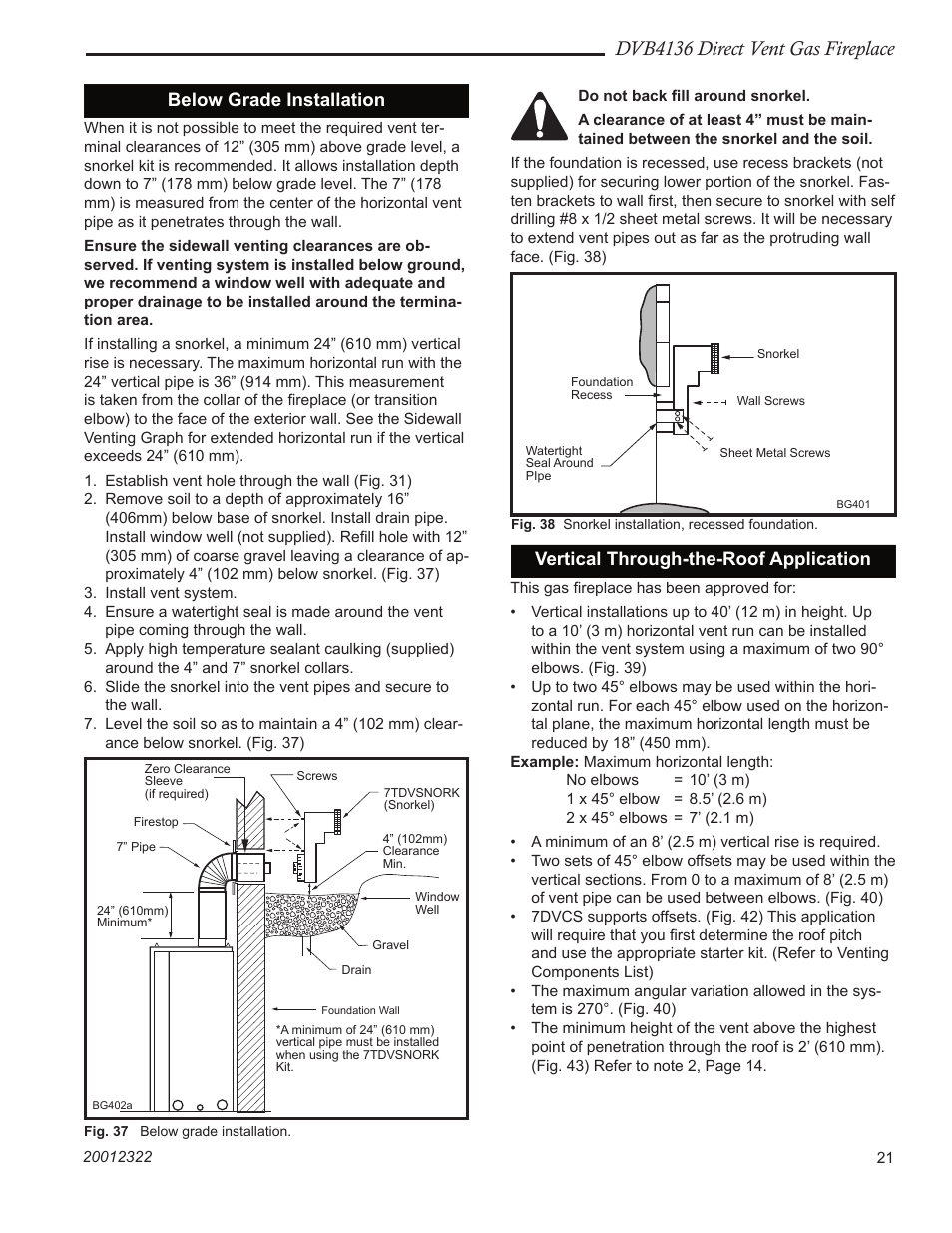 Dvb4136 direct vent gas fireplace, Below grade installation, Vertical through-the-roof application | Majestic Appliances DVB4136 User Manual | Page 21 / 52