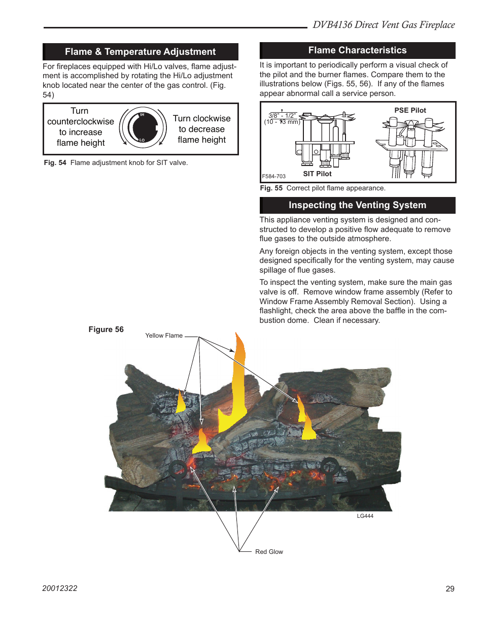 Dvb4136 direct vent gas fireplace, Flame & temperature adjustment, Flame characteristics | Inspecting the venting system | Majestic Appliances DVB4136 User Manual | Page 29 / 52