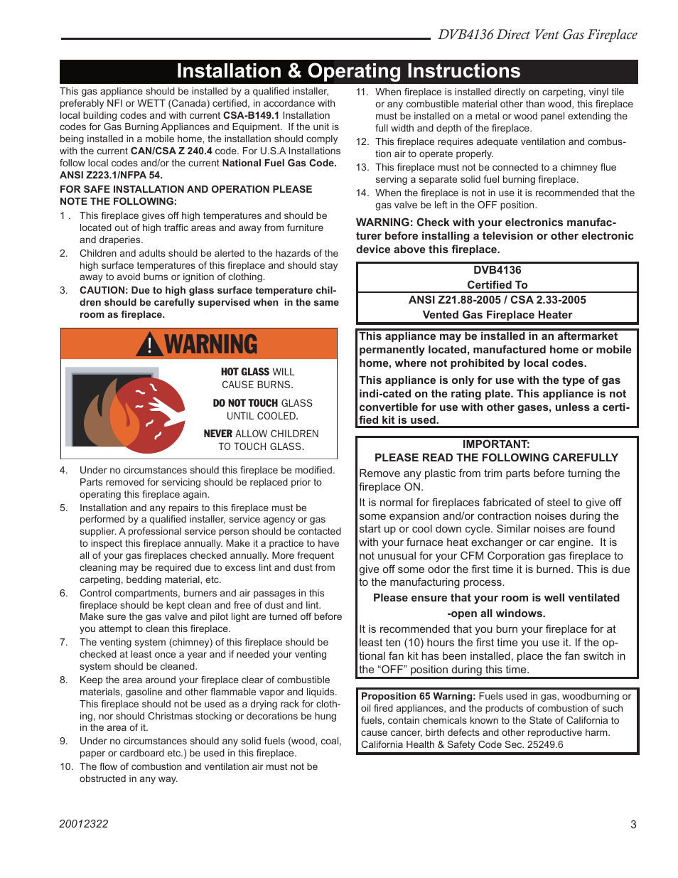 Installation & operating instructions, Dvb4136 direct vent gas fireplace | Majestic Appliances DVB4136 User Manual | Page 3 / 52