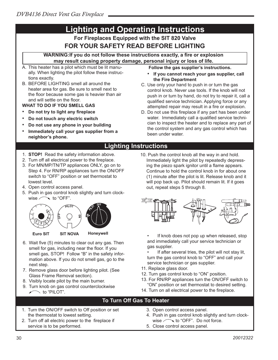 Lighting and operating instructions, For your safety read before lighting, Lighting instructions | Dvb4136 direct vent gas fireplace, For fireplaces equipped with the sit 820 valve | Majestic Appliances DVB4136 User Manual | Page 30 / 52