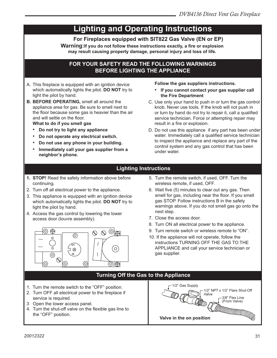 Lighting and operating instructions, Dvb4136 direct vent gas fireplace | Majestic Appliances DVB4136 User Manual | Page 31 / 52