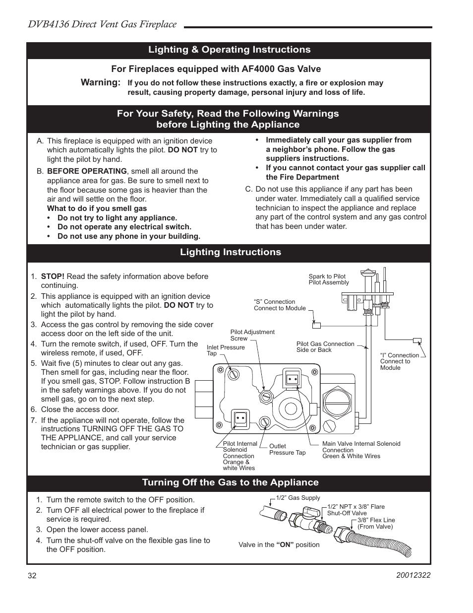 Dvb4136 direct vent gas fireplace, Lighting & operating instructions, For fireplaces equipped with af4000 gas valve | Warning | Majestic Appliances DVB4136 User Manual | Page 32 / 52