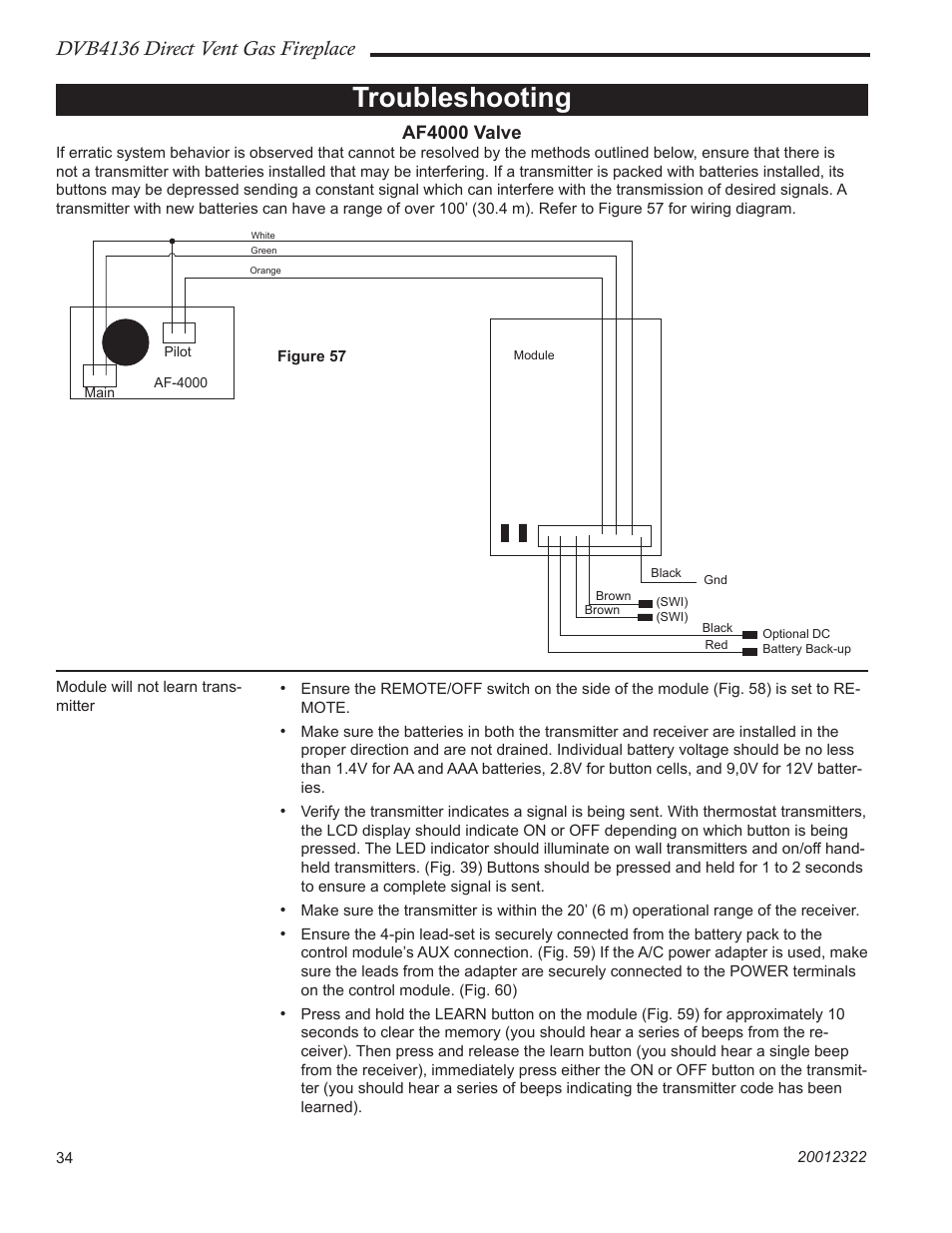 Troubleshooting, Dvb4136 direct vent gas fireplace | Majestic Appliances DVB4136 User Manual | Page 34 / 52