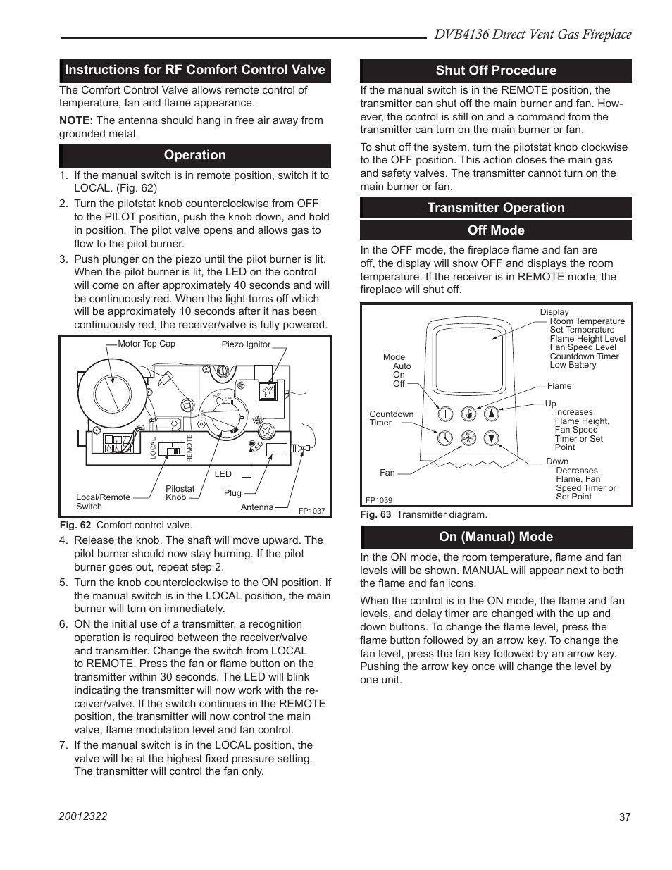 Dvb4136 direct vent gas fireplace, Instructions for rf comfort control valve, Operation | Shut off procedure, Transmitter operation off mode, On (manual) mode | Majestic Appliances DVB4136 User Manual | Page 37 / 52