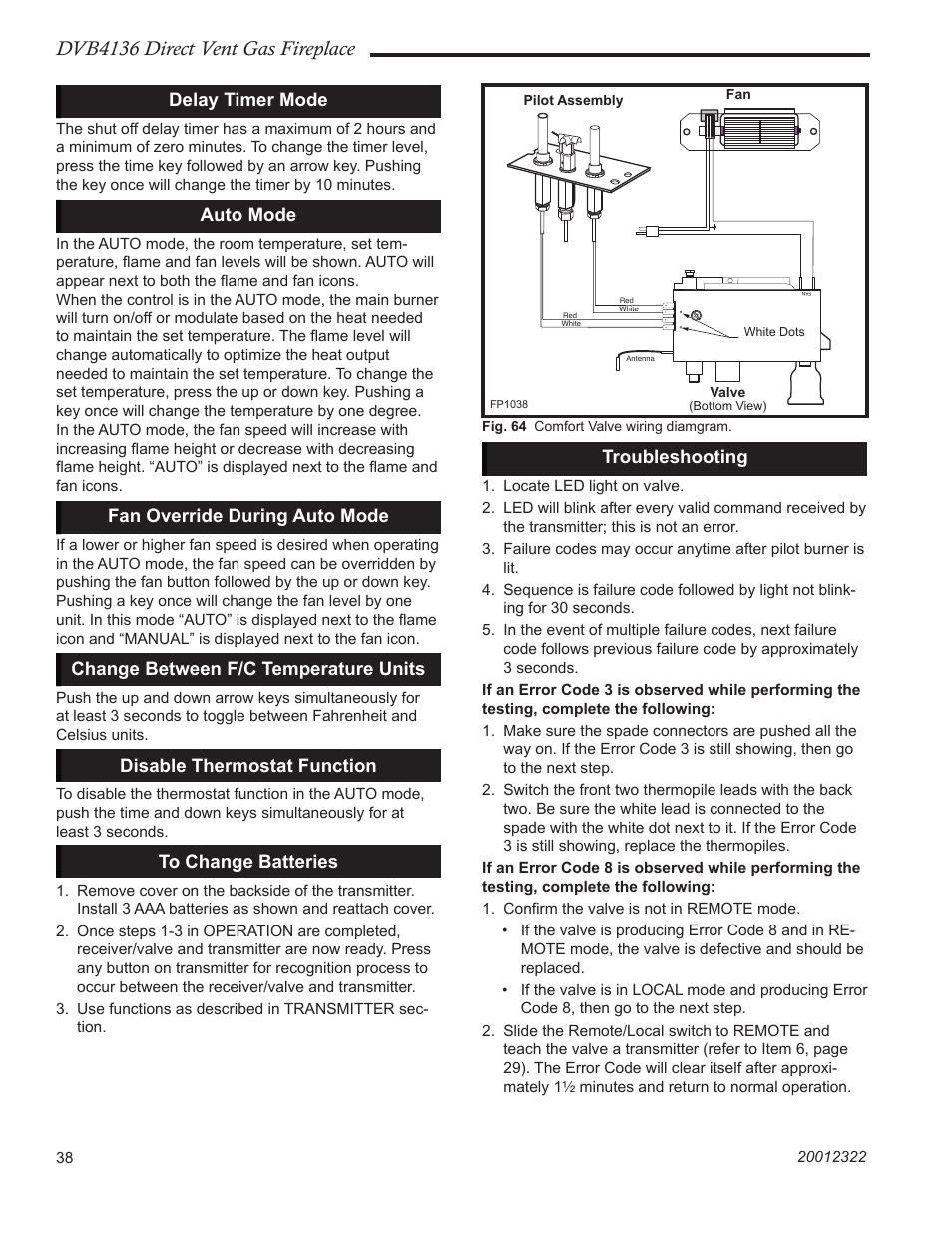 Dvb4136 direct vent gas fireplace, Delay timer mode, Auto mode | Fan override during auto mode, Change between f/c temperature units, Disable thermostat function, Troubleshooting | Majestic Appliances DVB4136 User Manual | Page 38 / 52