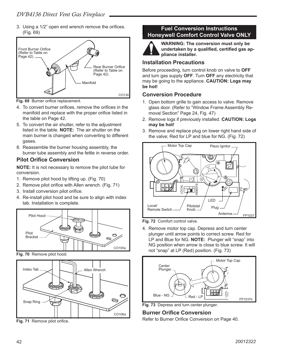 Dvb4136 direct vent gas fireplace, Pilot oriﬁce conversion, Installation precautions | Conversion procedure, Burner oriﬁce conversion | Majestic Appliances DVB4136 User Manual | Page 42 / 52
