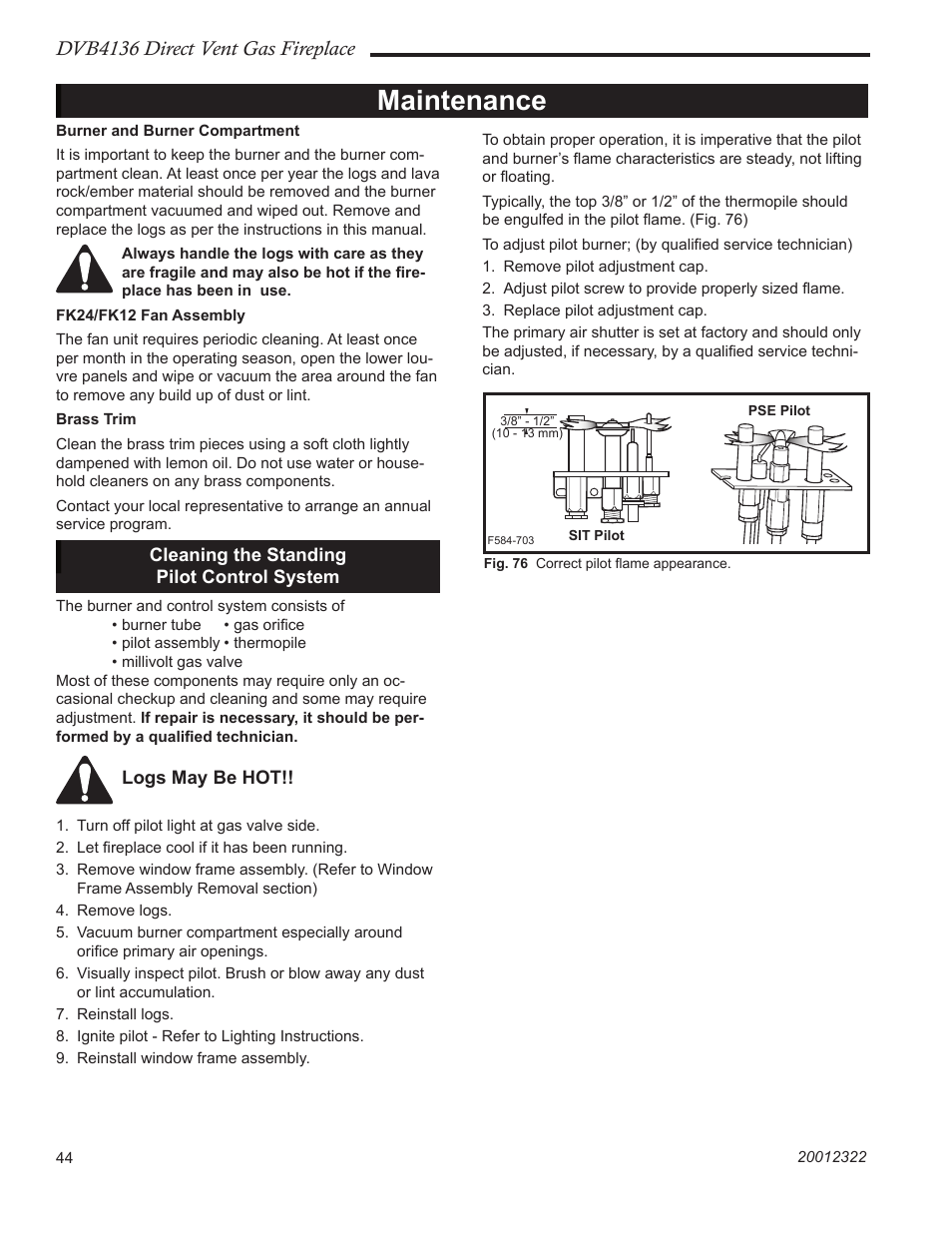 Maintenance, Dvb4136 direct vent gas fireplace | Majestic Appliances DVB4136 User Manual | Page 44 / 52