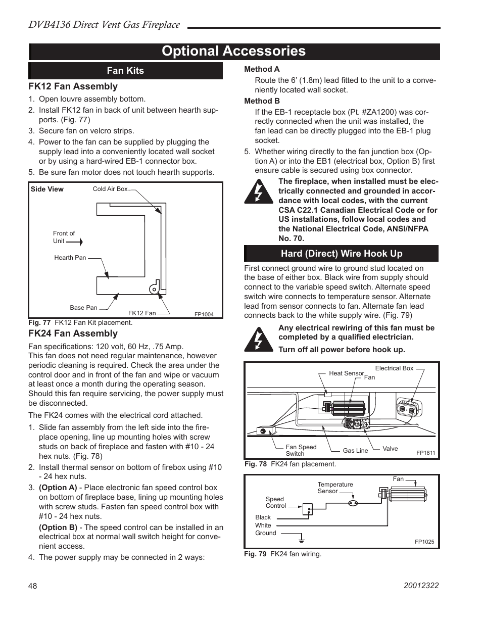 Optional accessories, Dvb4136 direct vent gas fireplace, Fan kits fk12 fan assembly | Fk24 fan assembly, Hard (direct) wire hook up | Majestic Appliances DVB4136 User Manual | Page 48 / 52