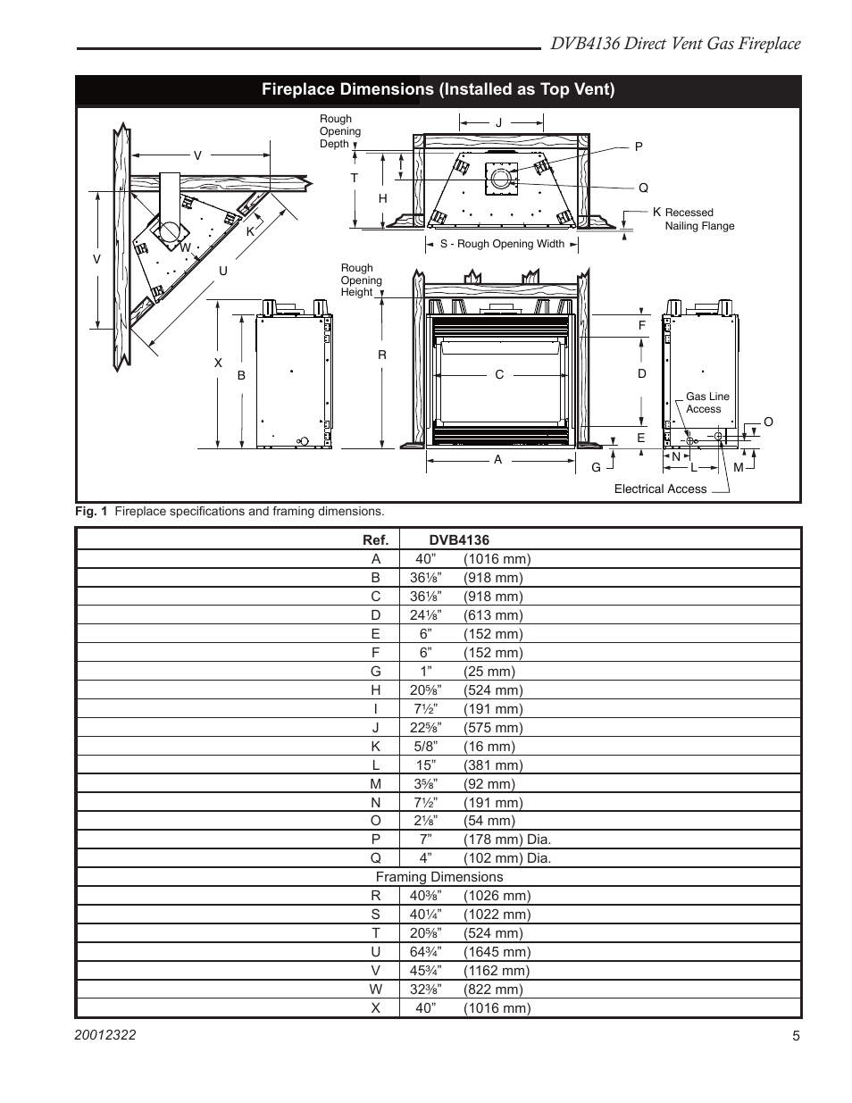 Dvb4136 direct vent gas fireplace, Fireplace dimensions (installed as top vent) | Majestic Appliances DVB4136 User Manual | Page 5 / 52