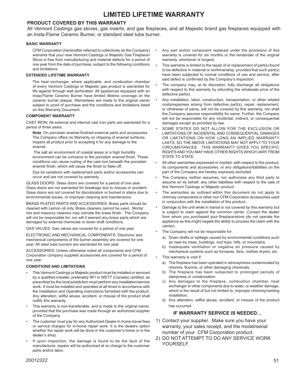 Limited lifetime warranty, Dvb4136 direct vent gas fireplace | Majestic Appliances DVB4136 User Manual | Page 51 / 52