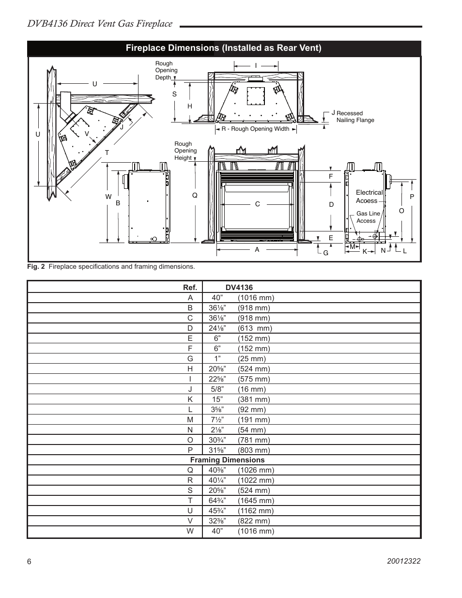 Dvb4136 direct vent gas fireplace, Fireplace dimensions (installed as rear vent) | Majestic Appliances DVB4136 User Manual | Page 6 / 52