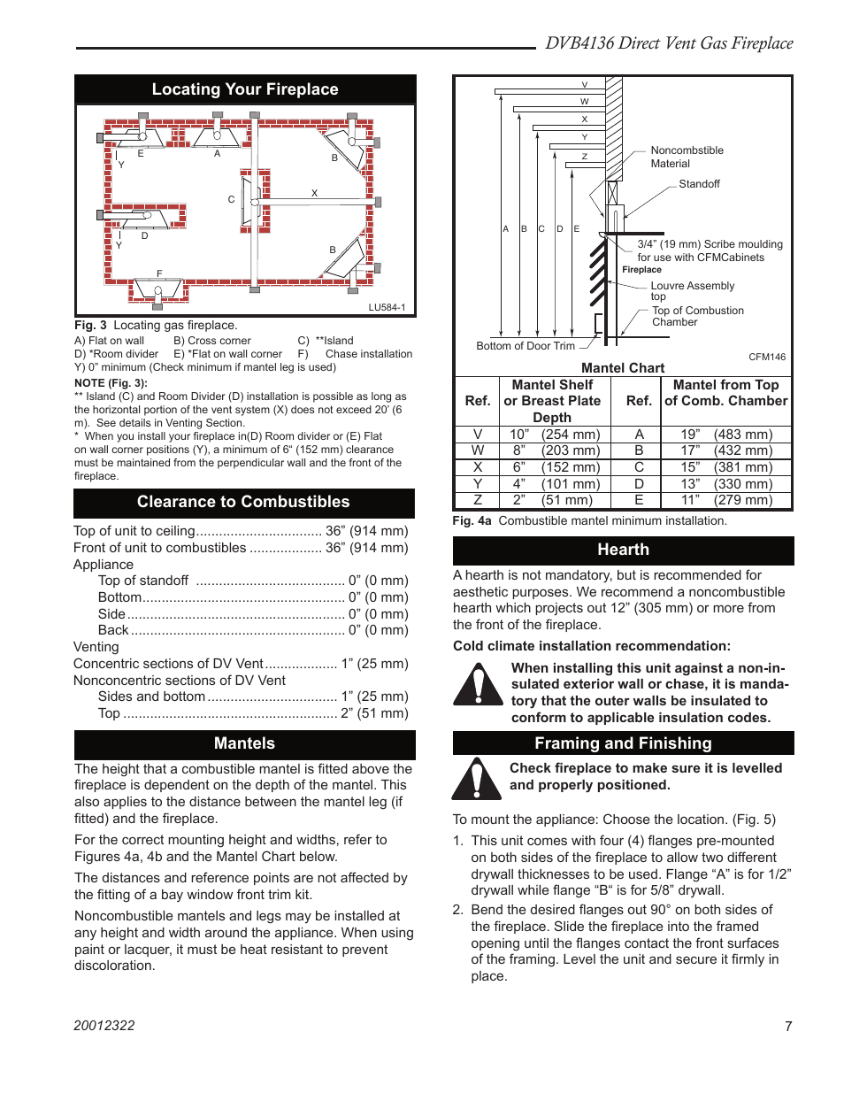 Dvb4136 direct vent gas fireplace, Clearance to combustibles, Mantels | Hearth, Locating your fireplace, Framing and finishing | Majestic Appliances DVB4136 User Manual | Page 7 / 52