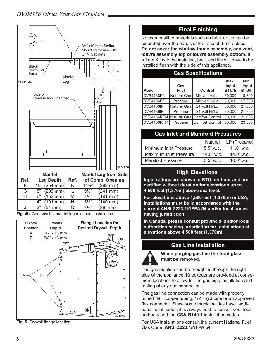 Dvb4136 direct vent gas fireplace, Final finishing, Gas speciﬁcations | Gas inlet and manifold pressures, High elevations, Gas line installation | Majestic Appliances DVB4136 User Manual | Page 8 / 52