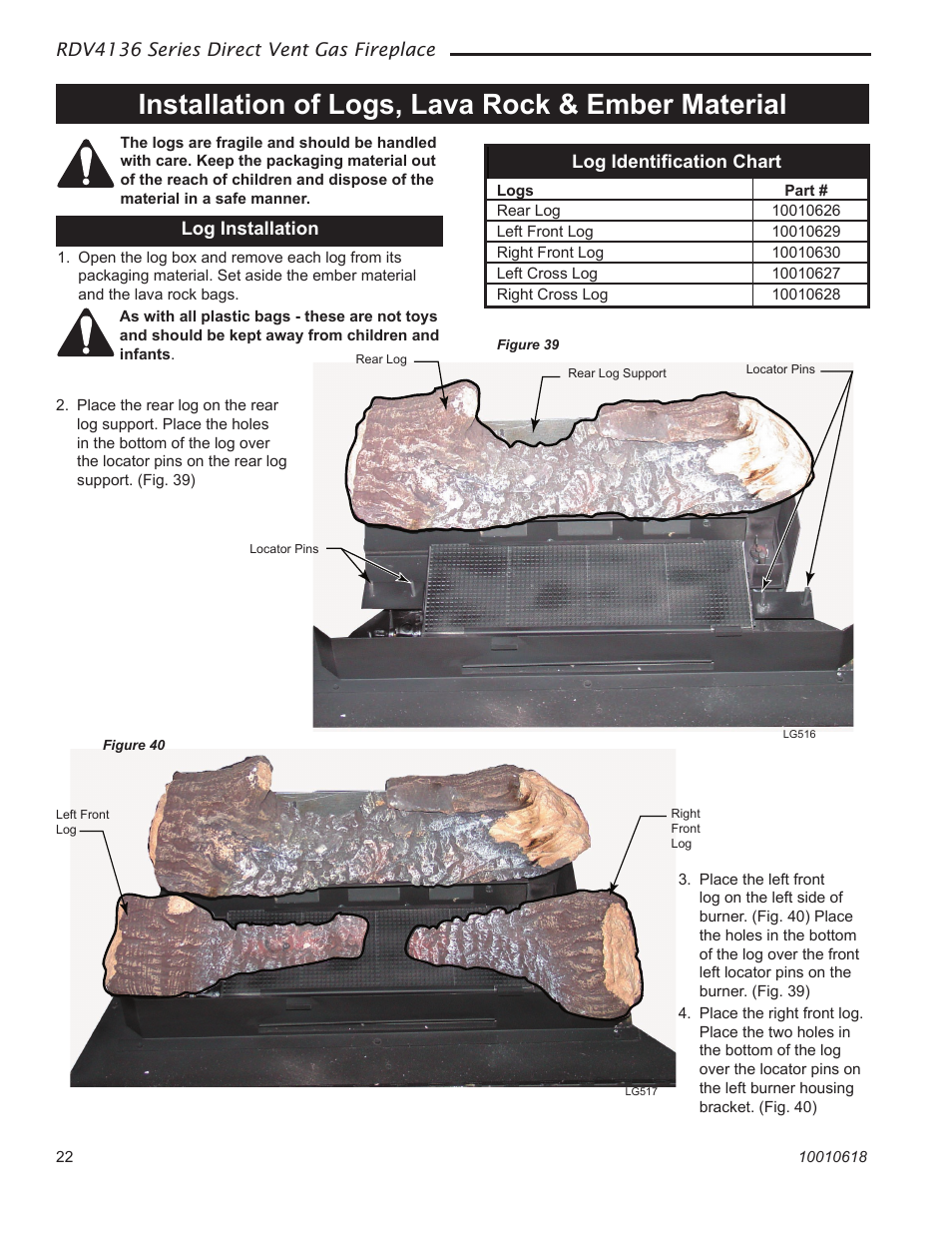 Installation of logs, lava rock & ember material | Majestic Appliances RDV4136 User Manual | Page 22 / 40