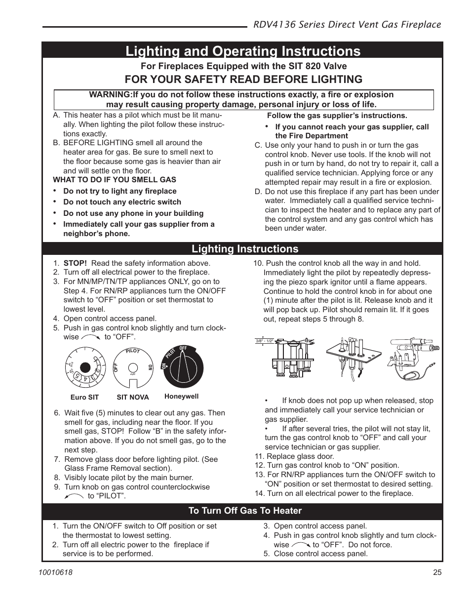 Lighting and operating instructions, For your safety read before lighting, Lighting instructions | Rdv4136 series direct vent gas fireplace, For fireplaces equipped with the sit 820 valve | Majestic Appliances RDV4136 User Manual | Page 25 / 40