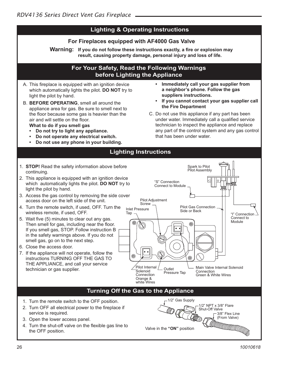 Rdv4136 series direct vent gas fireplace, Lighting & operating instructions, For fireplaces equipped with af4000 gas valve | Warning | Majestic Appliances RDV4136 User Manual | Page 26 / 40