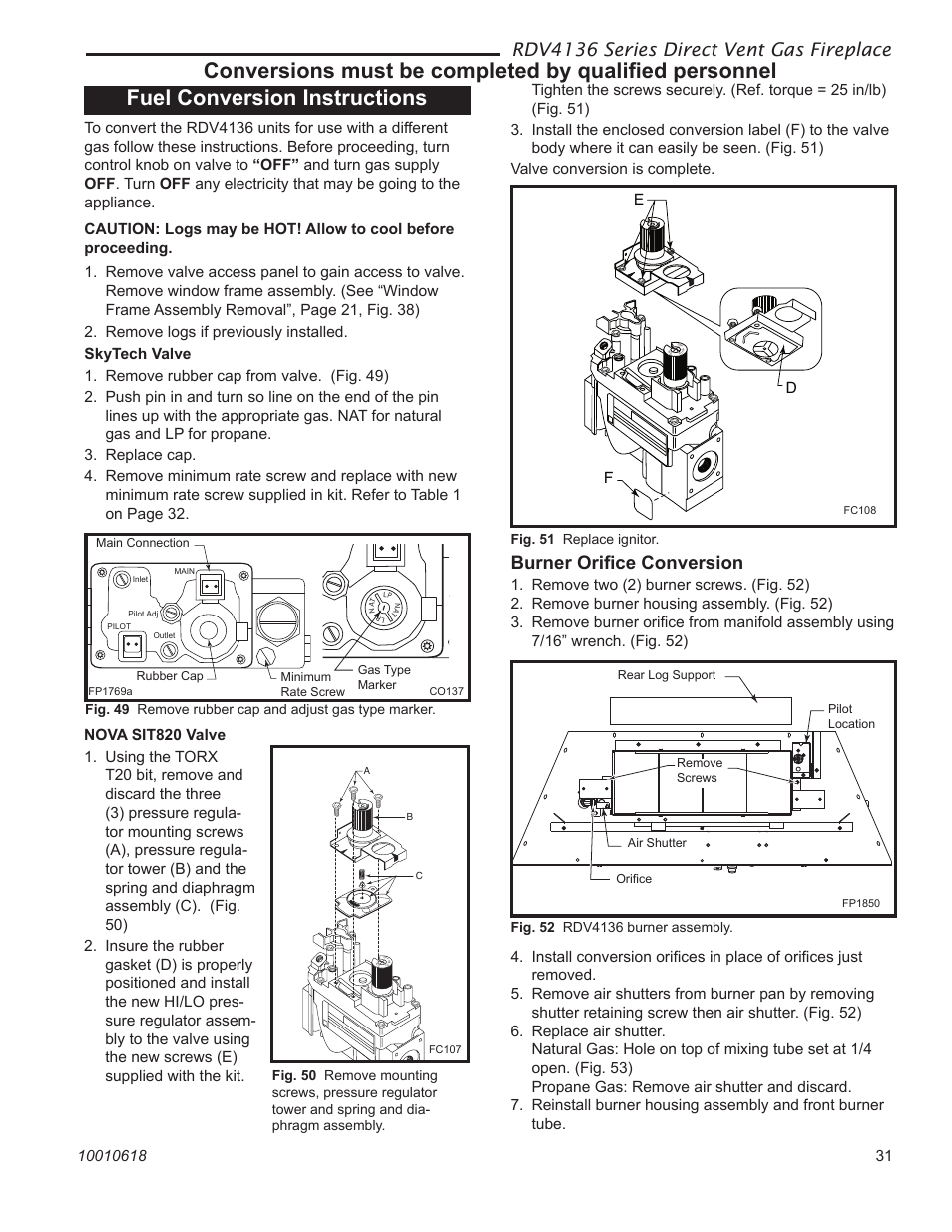 Rdv4136 series direct vent gas fireplace, Burner oriﬁce conversion | Majestic Appliances RDV4136 User Manual | Page 31 / 40