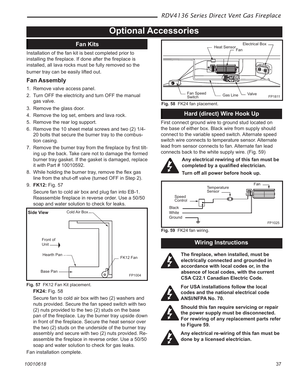 Optional accessories, Rdv4136 series direct vent gas fireplace, Fan kits | Fan assembly, Wiring instructions hard (direct) wire hook up | Majestic Appliances RDV4136 User Manual | Page 37 / 40