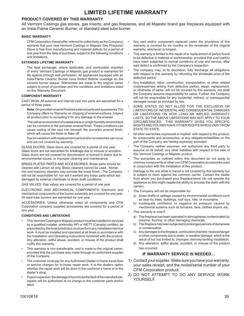 Limited lifetime warranty, Rdv4136 series direct vent gas fireplace | Majestic Appliances RDV4136 User Manual | Page 39 / 40