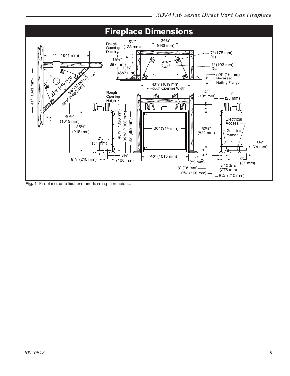 Fireplace dimensions, Rdv4136 series direct vent gas fireplace | Majestic Appliances RDV4136 User Manual | Page 5 / 40