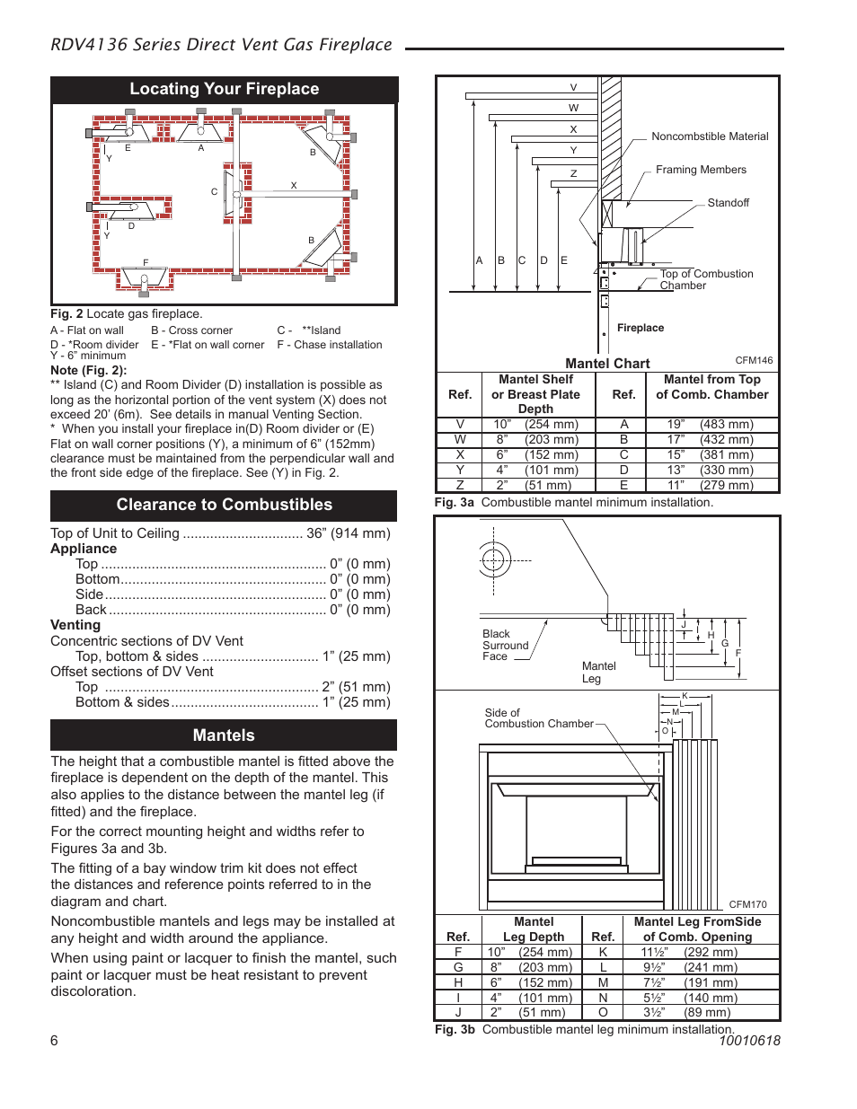 Rdv4136 series direct vent gas fireplace, Locating your fireplace, Clearance to combustibles | Mantels | Majestic Appliances RDV4136 User Manual | Page 6 / 40