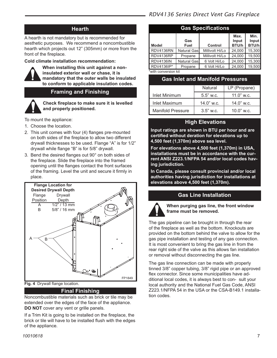 Rdv4136 series direct vent gas fireplace, Hearth, Final finishing framing and finishing | Gas inlet and manifold pressures, Gas speciﬁcations, Gas line installation high elevations | Majestic Appliances RDV4136 User Manual | Page 7 / 40