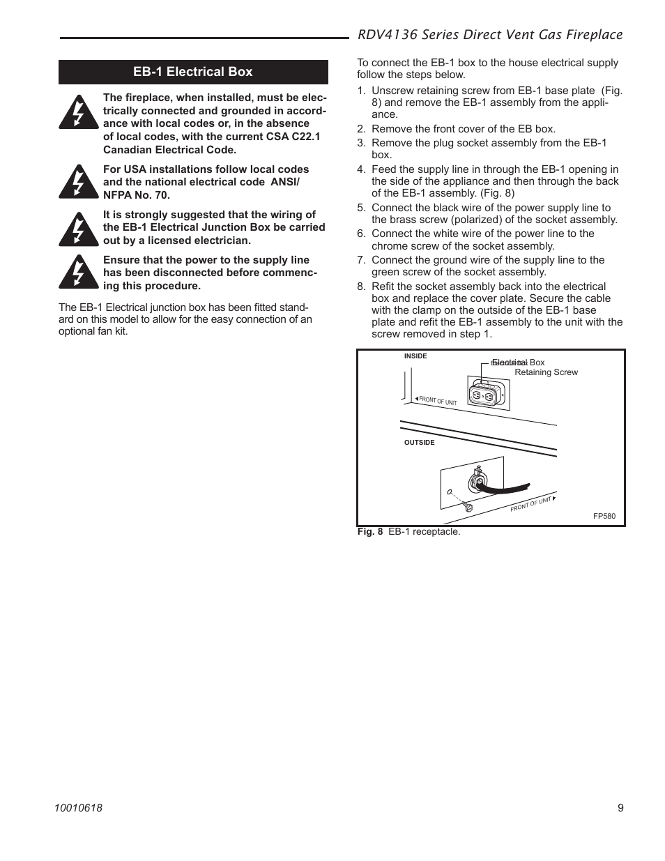 Rdv4136 series direct vent gas fireplace, Eb-1 electrical box | Majestic Appliances RDV4136 User Manual | Page 9 / 40