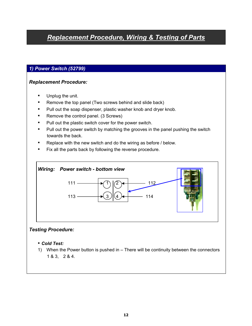 Replacement procedure, wiring & testing of parts | Majestic Appliances MJ9950 User Manual | Page 12 / 29