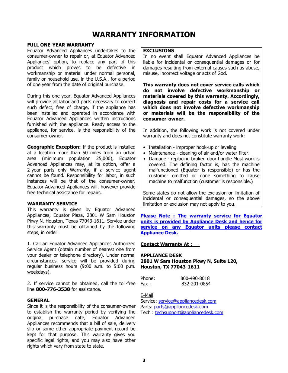 Warranty information | Majestic Appliances MJ9950 User Manual | Page 3 / 29