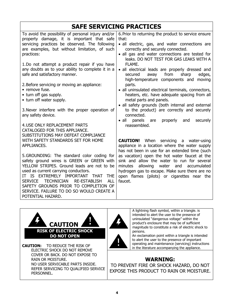 Safe servicing practices, Caution, Warning | Majestic Appliances MJ9950 User Manual | Page 4 / 29