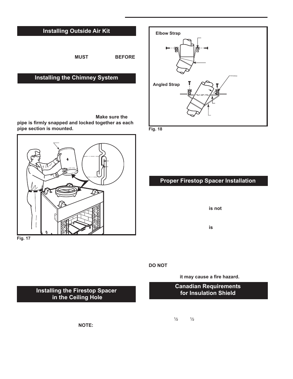 Majestic fireplaces, Odsr series "a, Installing outside air kit | Installing the chimney system, Installing the firestop spacer in the ceiling hole, Proper firestop spacer installation, Canadian requirements for insulation shield | Majestic Appliances ODSR36A User Manual | Page 12 / 24