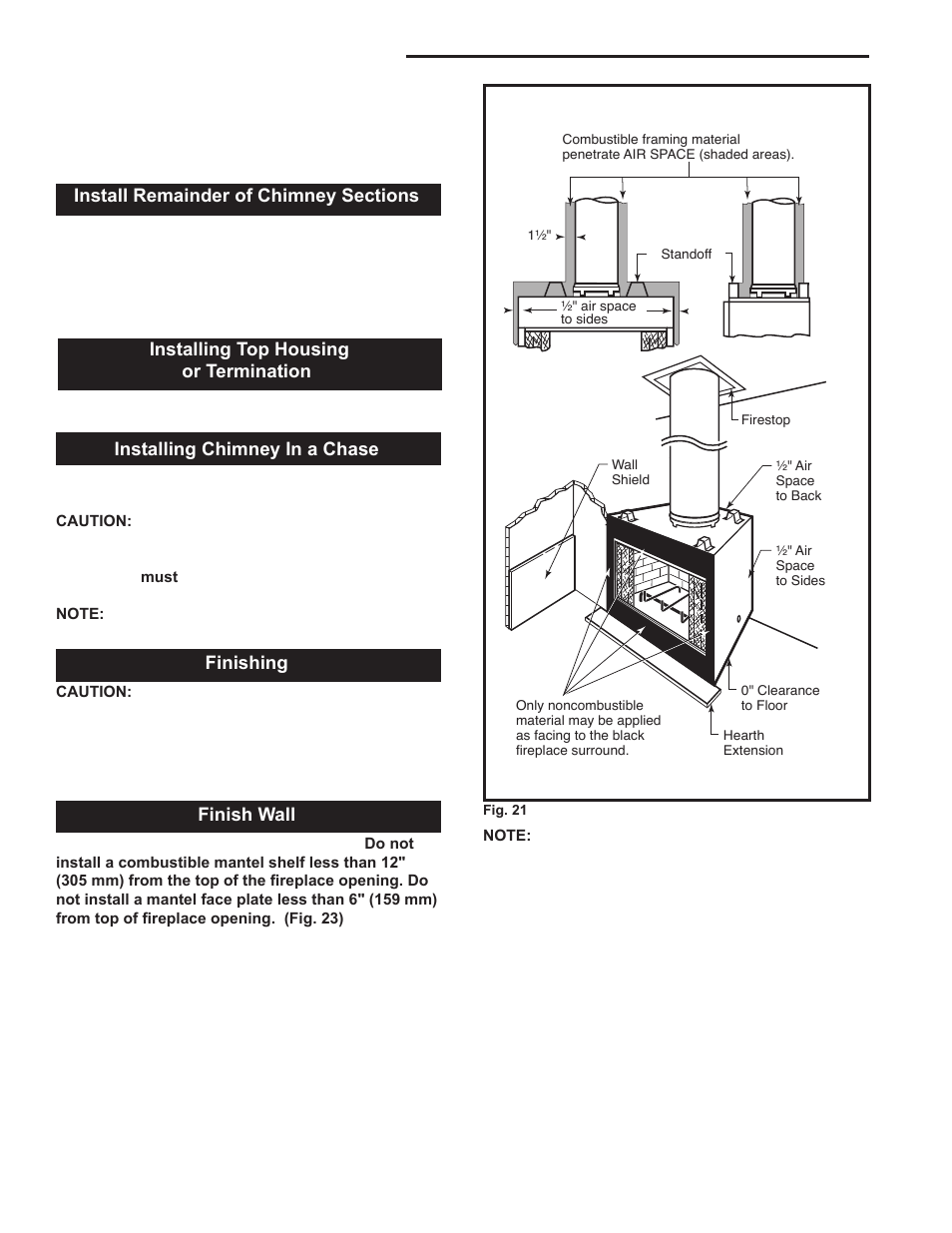 Majestic fireplaces, Odsr series "a, Installing top housing or termination | Installing chimney in a chase, Finishing, Finish wall, Air space clearances | Majestic Appliances ODSR36A User Manual | Page 14 / 24