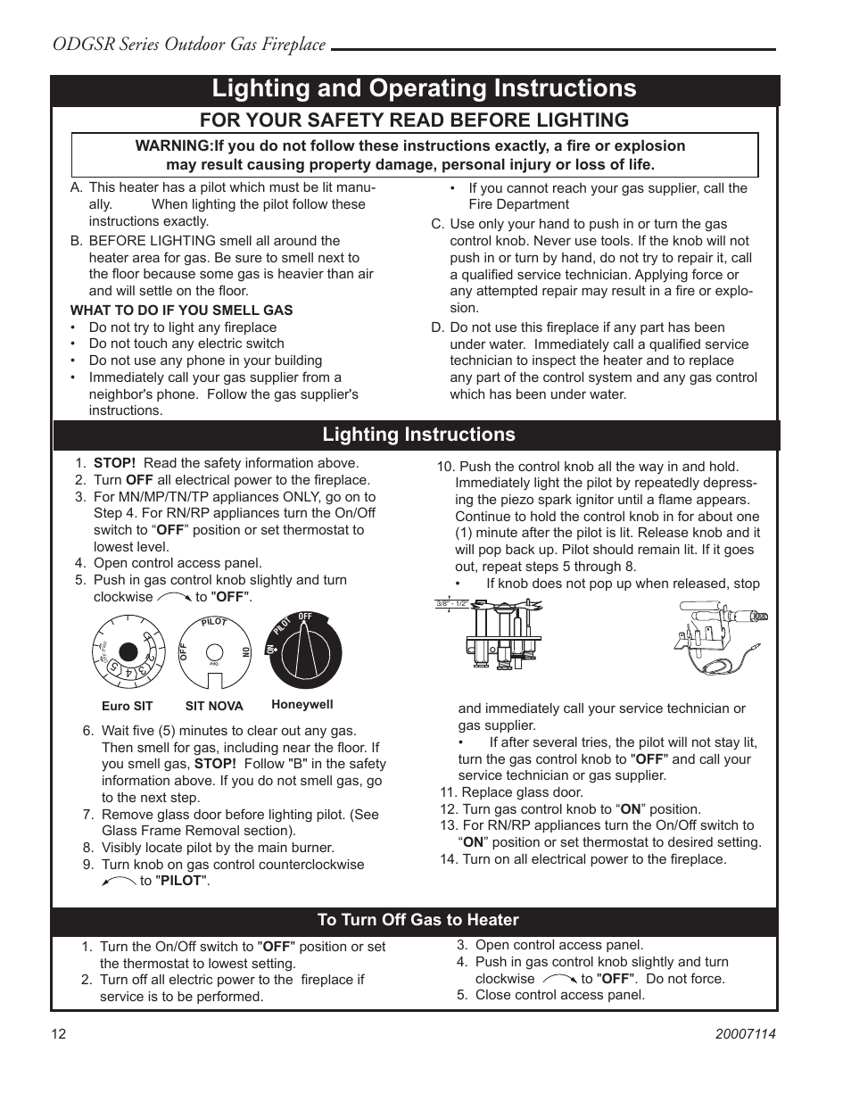 Lighting and operating instructions, Odgsr series outdoor gas fireplace, For your safety read before lighting | Lighting instructions | Majestic Appliances ODGSR36A User Manual | Page 12 / 20