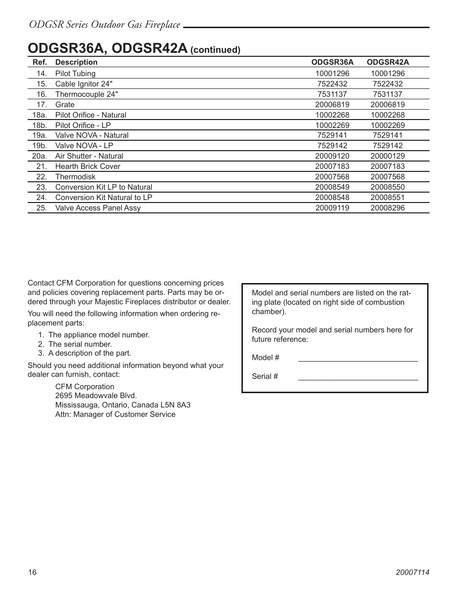 Odgsr36a, odgsr42a, Odgsr series outdoor gas fireplace | Majestic Appliances ODGSR36A User Manual | Page 16 / 20