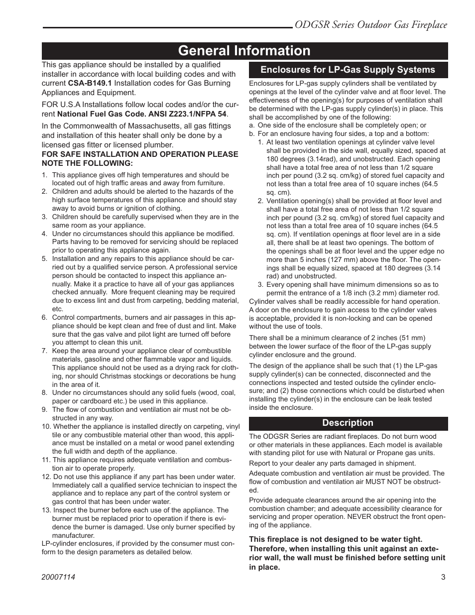 General information, Odgsr series outdoor gas fireplace | Majestic Appliances ODGSR36A User Manual | Page 3 / 20