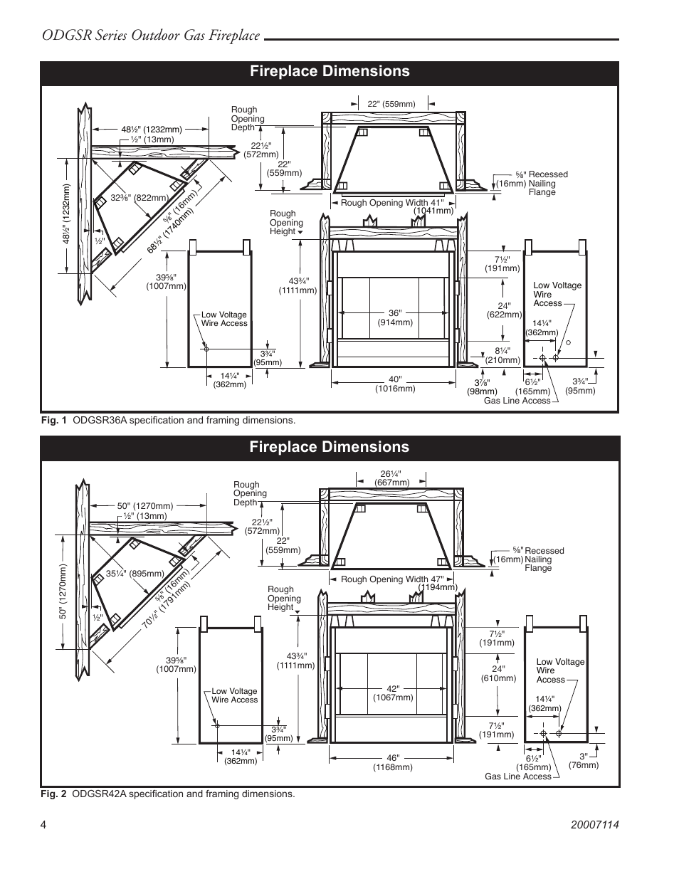 Odgsr series outdoor gas fireplace, Fireplace dimensions | Majestic Appliances ODGSR36A User Manual | Page 4 / 20