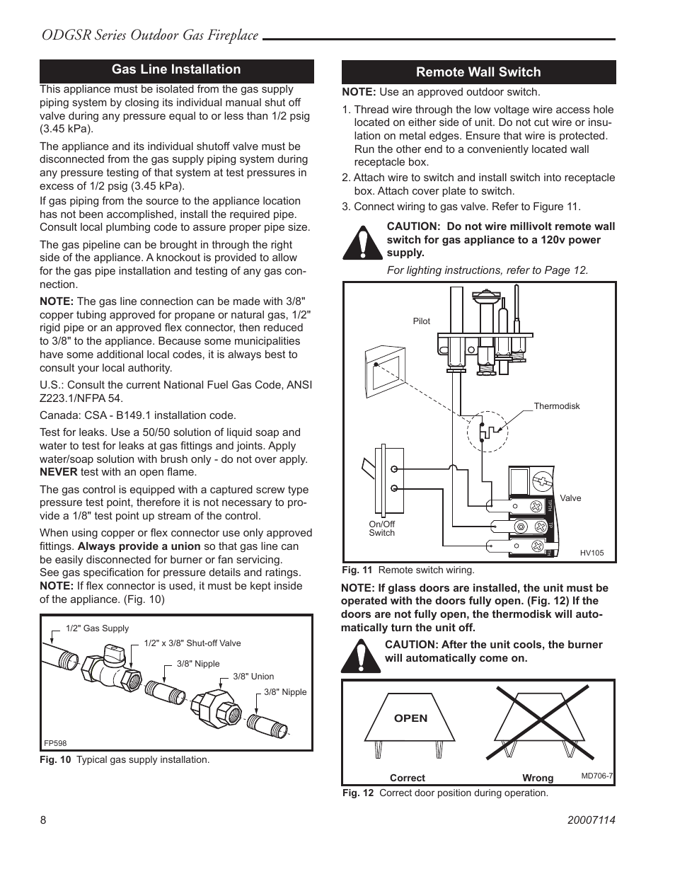 Odgsr series outdoor gas fireplace, Remote wall switch, Gas line installation | Majestic Appliances ODGSR36A User Manual | Page 8 / 20