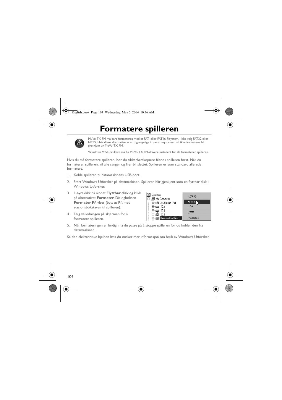 Formatere spilleren | Musica CD Player User Manual | Page 104 / 184