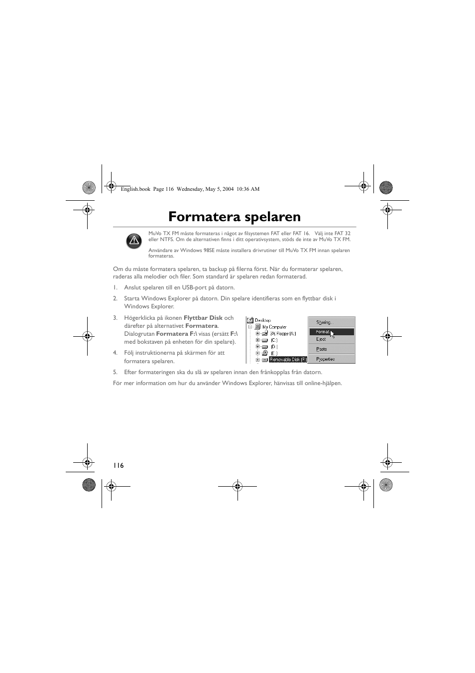Formatera spelaren | Musica CD Player User Manual | Page 116 / 184