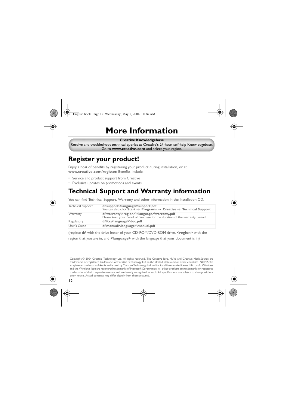 More information, Register your product, Technical support and warranty information | Musica CD Player User Manual | Page 12 / 184